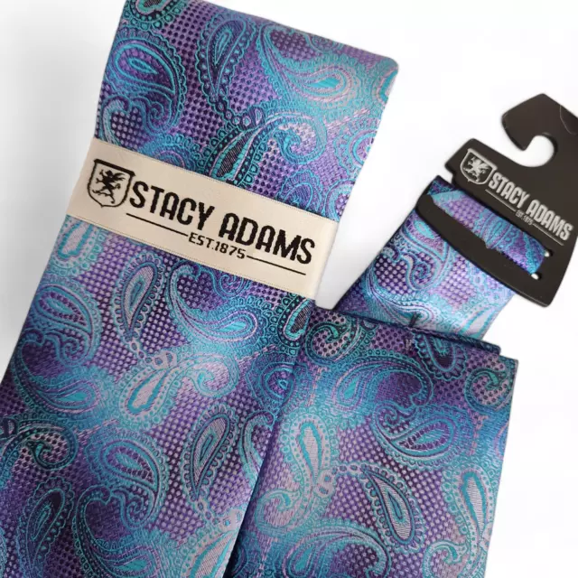 Stacy Adams Paisley Tie and Hankie Set Woven Silky Blue Purpl NWT