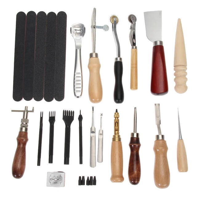 18 piezas Kit de herramientas perforadoras artesanales de cuero JUEGO Costura Talla Trabajo Silla de coser