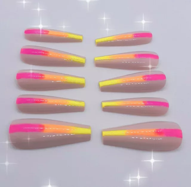 Glossy Neon Pink Orange Yellow Nude Ombre Rainbow Medium Coffin Press on Nails