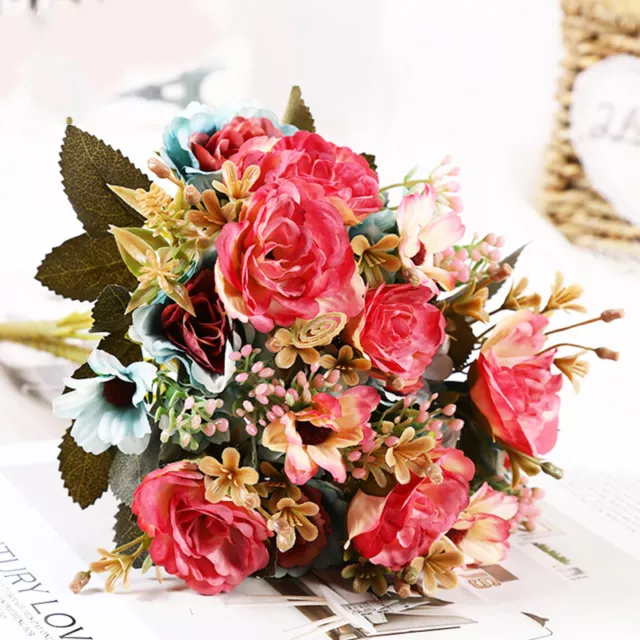 15 Têtes De Roses En Soie Fleurs Artificielles Faux Bouquet Décoration De F