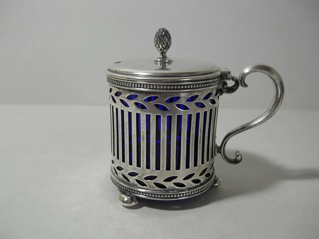 Tiffany & Co Sterling Silver Mustard Condiment Pot Cobalt Blue Glass Liner #'d