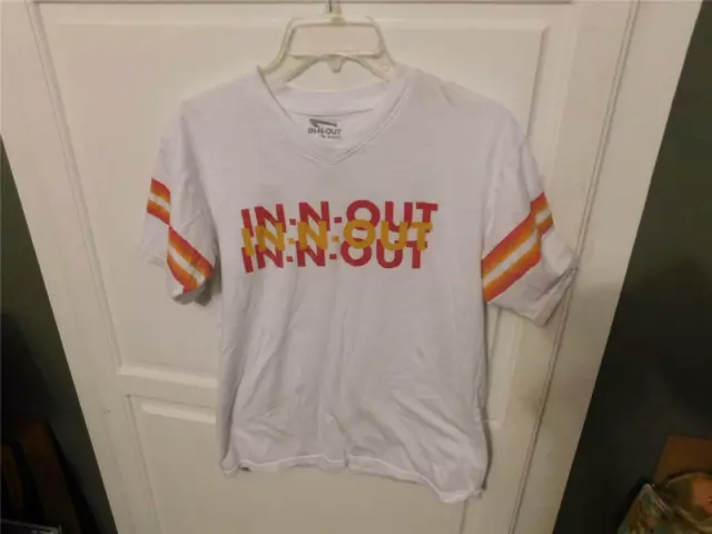 In Out Burger White V-Neck Shirt Size Small Red & Yellow Striping NICE