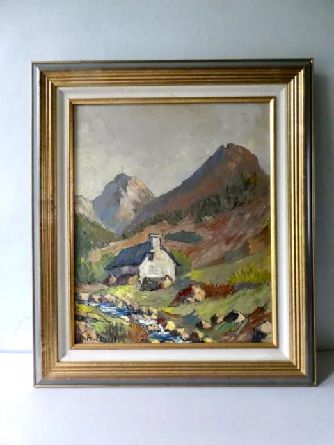 tableau, huile sur toile signée, paysage, montagne, torrent années 60 Auvergne ?