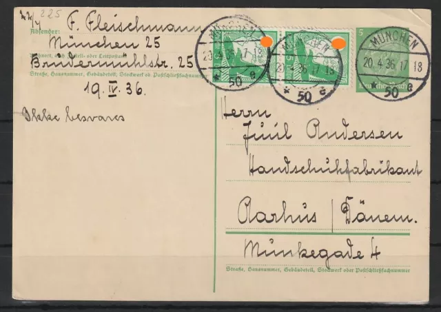 Dt. Reich Ganzsache Karte P 225 I + ZuF München - Aarhus/Dänemark, 1936 #1083695