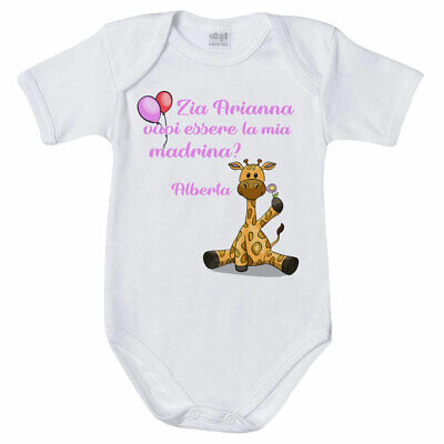 Body neonata personalizzato con nome e giraffa vuoi essere la mia madrina?
