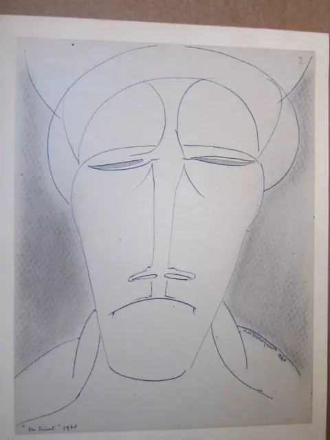 VISAGE : DESSIN ENCRE signé Henry de WAROQUIER 1881-1970.Légendé: Un Saint. 1940