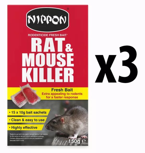 3 x Nippon Rat & Mouse Killer Poison Rodenticide Fresh Bait Sachets (15 x 10g)