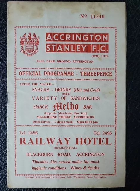 Programme Accrington Stanley V Swindon Town 1958 / 1959 Division 3 Abandoned