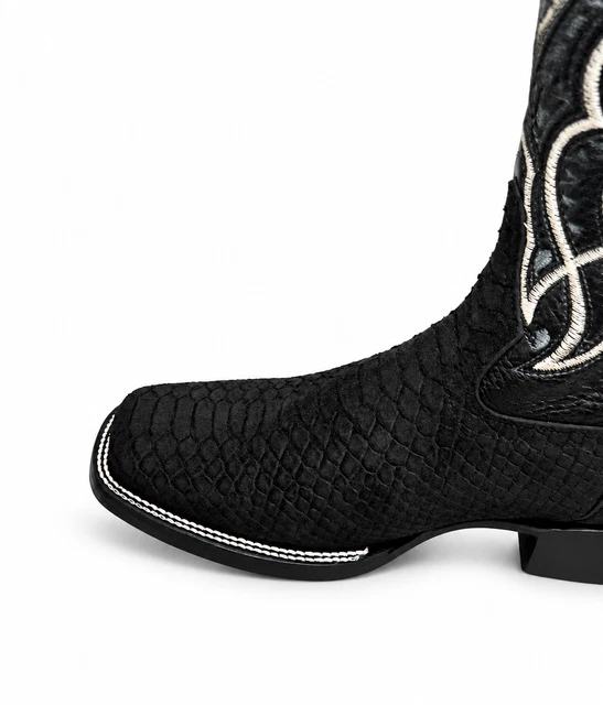 MEN’S GENUINE COWHIDE Black Python-Print Rodeo-Toe Western Cowboy Boots ...