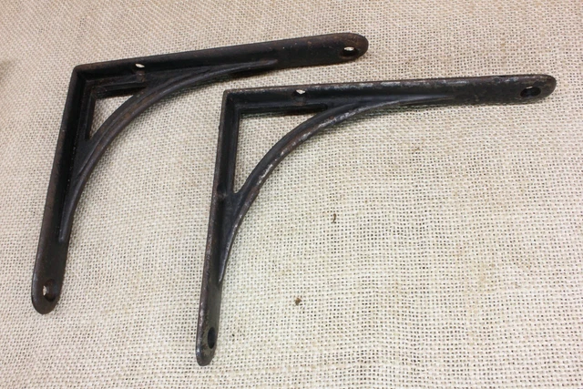 2 Old Shelf Brackets 5 X 6” Weathered Paint Cast Iron Rustic Vintage Supports
