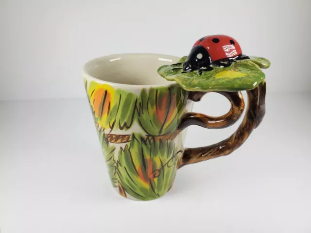Ladybug Coffee Mug 3D Handle Hand Painted Ladybug Cup Blue Witch Designs