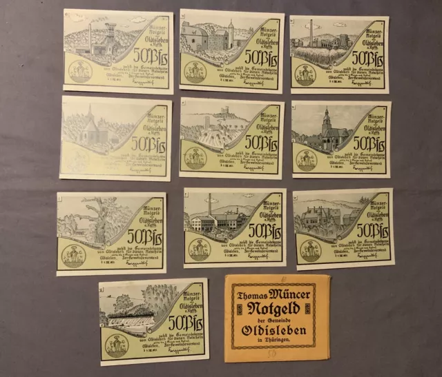 Oldisleben ( Thüringen) 10 x 50 Pfennig Notgeldscheine 1921-Thomas Müncer