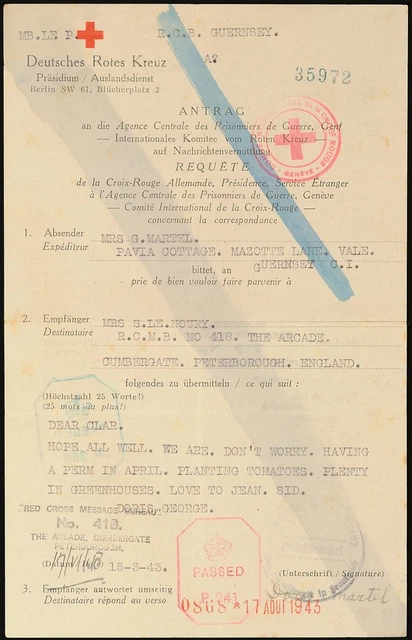 12110) Rotkreuz-Nachrichten Brief 15.3.43 Guernsey nach England Antwort 5.8.43