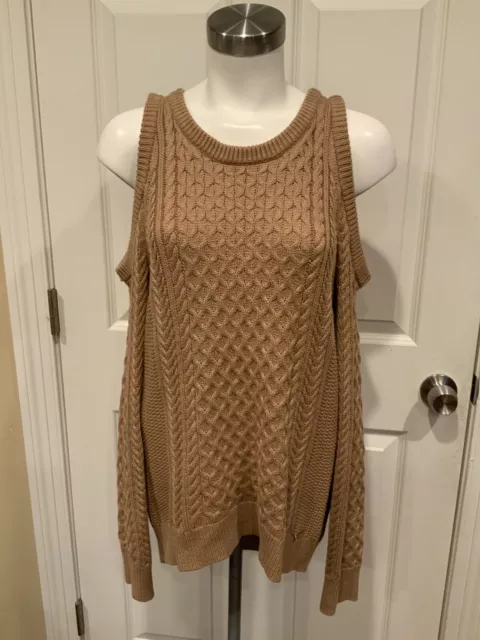 Michael Kors Light Brown Cable Knit Sweater W/ Cold Open Shoulders, Size Medium