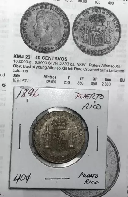 1896 Puerto Rico SILVER 40 Centavos! Choice XF Details! SCARCE! High Catalog!
