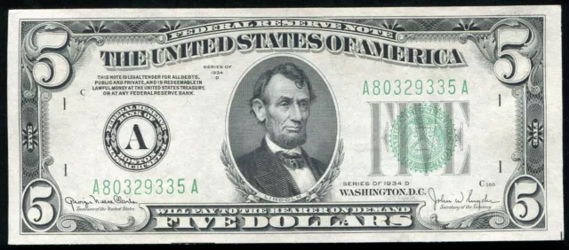 Fr 1960-A 1934-D $5 Five Dollars Frn Federal Reserve Note Boston, Ma Gem Unc