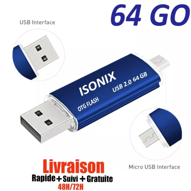 Clé USB 64 GO 2 en 1 Micro Usb Drive Pour Android Smartphones Tablette PCs