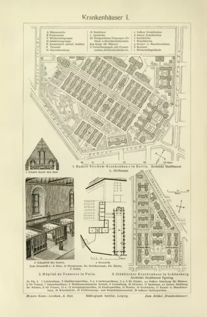 Krankenhäuser I. - II. historischer Druck Holzstich ca. 1905 Tafel Architektur