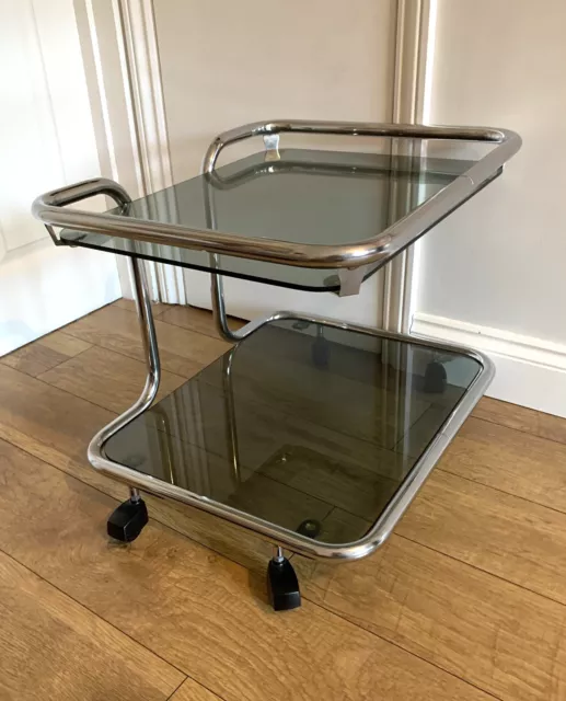 Vintage Chrome Smoked Glass Side Table On Wheels Mid Century 1970s