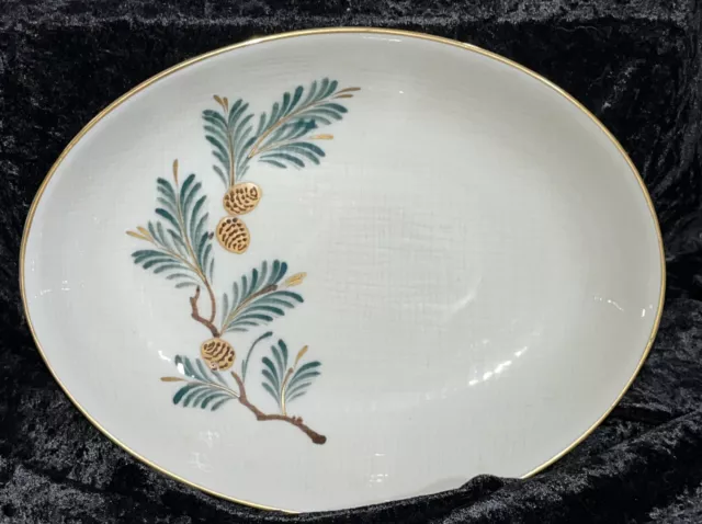 VINTAGE 1950’s SONE CHINA PINECONE BAMBOO PATTERN W/GOLD TRIM OVAL SERVING BOWL