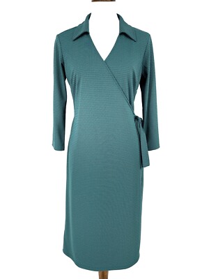 Ann Taylor Loft Women Printed Collared V-neck 3/4 Sleeve Wrap Midi Dress Sz 8