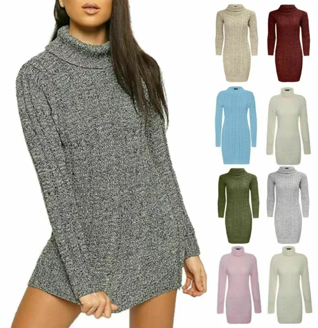 New Ladies Chunky Cable Knitted Polo Neck Long Sleeve Warm Sweater Jumper Dress