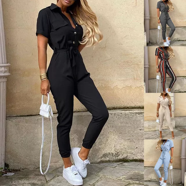 Womens Cargo Jumpsuit Dungarees Cropped Pants Overalls Workwear Romper Trousers