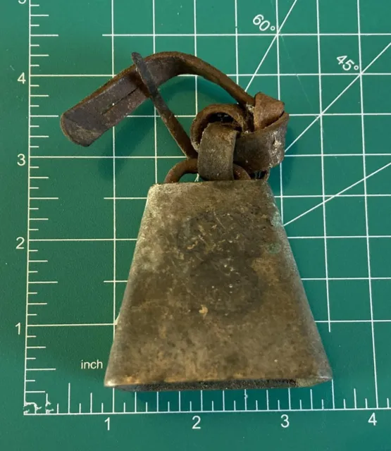 Antique Cow Bell Old Leather Strap Collar Solid Brass Goat Sheep Rustic Oxidized