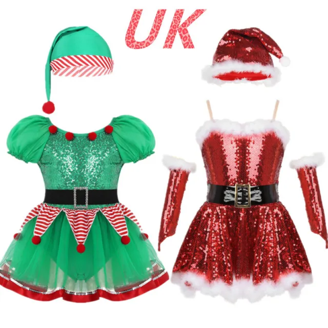 UK Kids Girls Christmas Elf Costume Xmas Santa Claus Fancy Dress Leotard Outfits