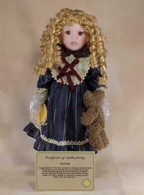 Emerald Doll Collection Hannah Porcelain Girl Doll 16" With Box, Stand and COA