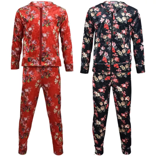 Ragazze Stampa Floreale Tuta da Jogging Zip Velour Set Top Fondo Vestito