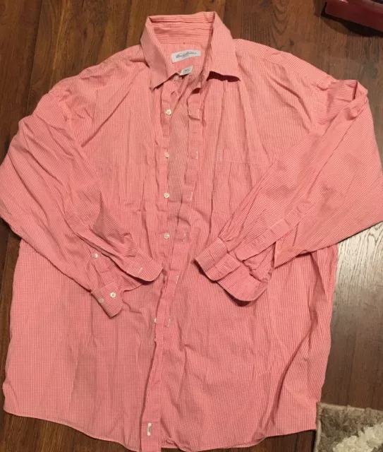 Mens 17.5-32/33 BROOKS BROTHERS Stretch Dress Shirt Orange Plaid