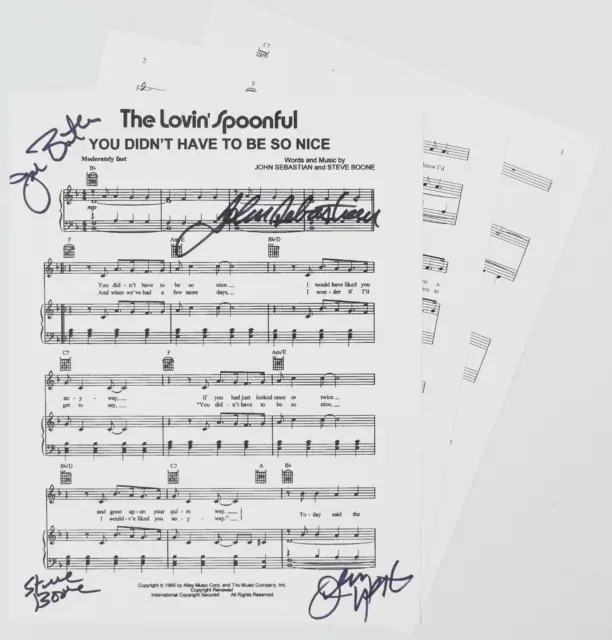 THE LOVIN' SPOONFUL Signed "You Didn't Have To Be So Nice" Sheet Music by 4 JSA