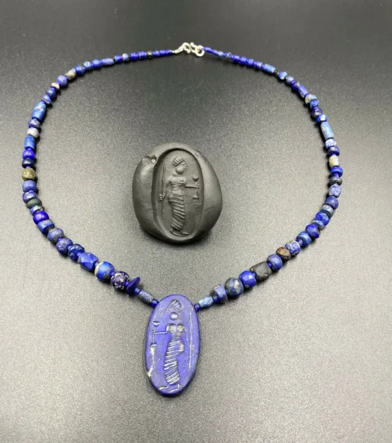 Old Lapis Beads Intaglio Necklace Ancient Roman Greek Afghani Persian Jewelry