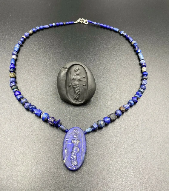 Old Lapis Beads Intaglio Necklace Ancient Roman Greek Afghani Persian Jewelry