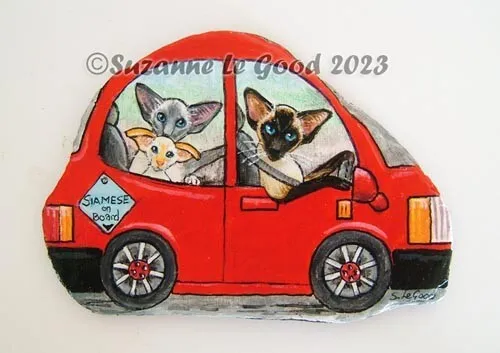 Siamese Cat in car art painting on slate original handpainted by Suzanne Le Good