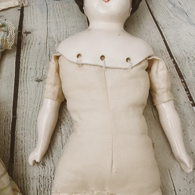 18” Reproduction Porcelain Bisque CHINA Head Arms Leg DOLL Vtg Cloth Body Outfit 7