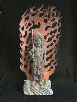 Hand carved Japan folk art statue of fierce Buddhist deity Fudo Myoo 19-20th c 2