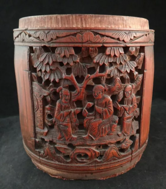 Antique Chinese Carved Panels Bamboo Brush Pot/Container. 4 ¾” dia. 5” tall.