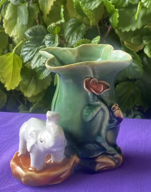 VTG Handmade Small Green Majolica Vase w/ White Elephant - Signed