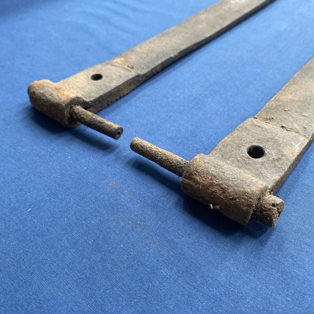 Pair Antique Hand Forged Iron Barn Door Strap Hinges 20 5/8" & 20 1/8" 6