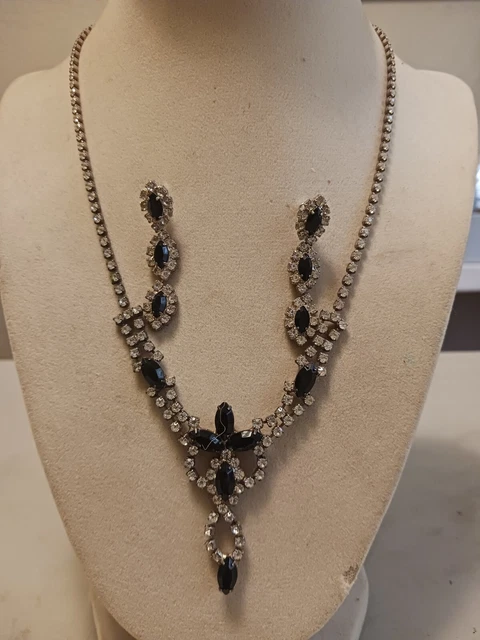 1940S Black & Clear Rhinestone Lavalier Necklace Earrings Set