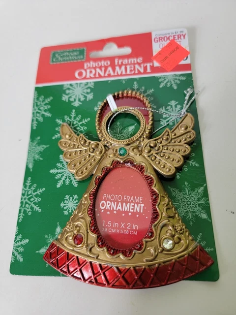 VTG NEW OLD STOCK  Christmas Photo Frame Ornament Gold Red Trim Gems Holly 4”
