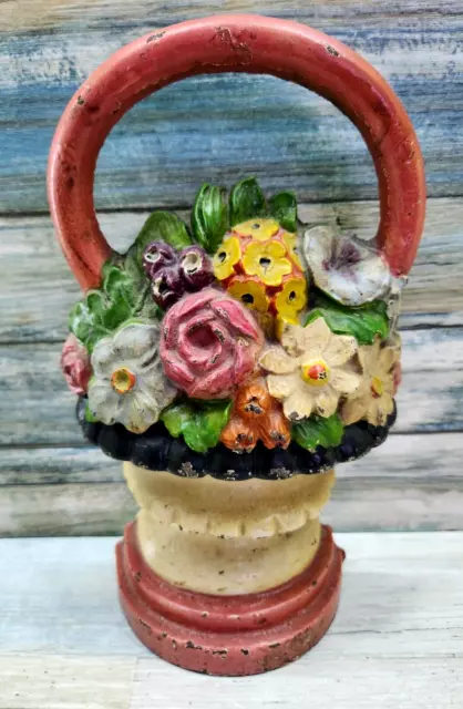 _Antique Vintage Cast Iron Flower Basket. Doorstop Original Paint 10" -Pretty!