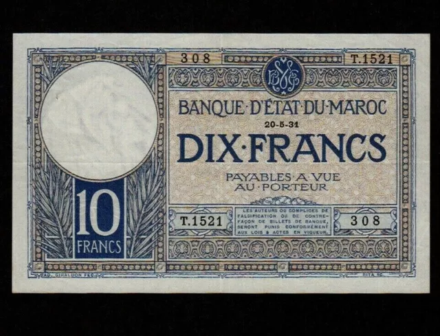 Morocco:P-17a,10 Francs,1931 * French Rule * VF  *