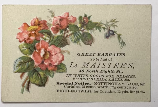 3 VICTORIAN TRADE CARDs Bargains At Le Maistre’s Nottingham Lace Curtains, B57 3