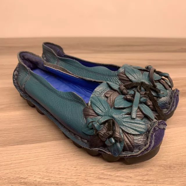 Socofy Handcrafted Blue Leather Flower Womens Slip-On Flat Shoes Size 7