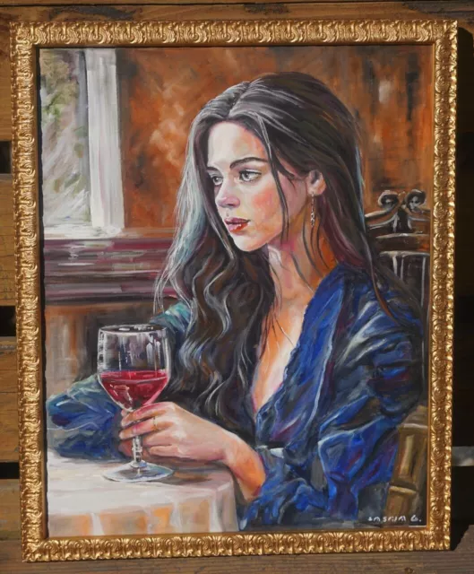 Beautiful Original Oil Painting Lovely Young Dark Haired Girl Female Woman Art