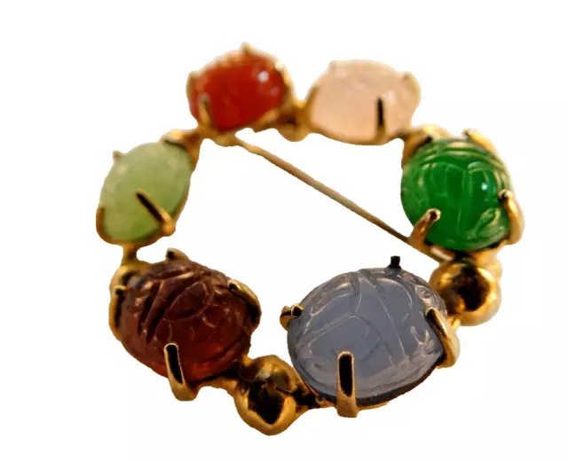 Vintage Egyptian Revival Carved Glass Scarab Stones Circle Pin Gold Tone Brooch