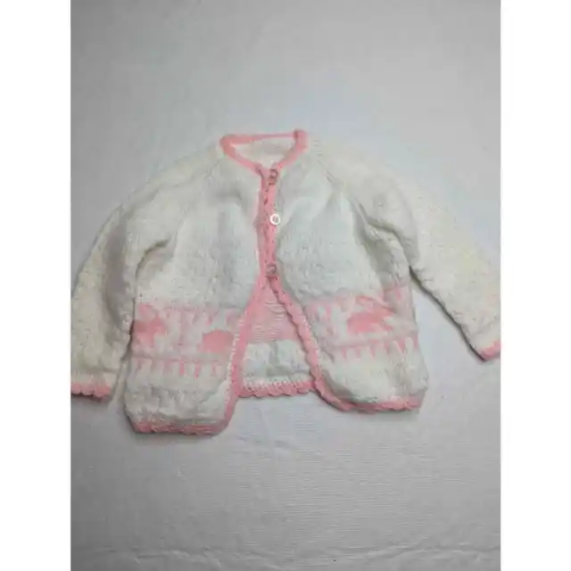 Vintage 1950s Baby Girls Sz 0-3M Knit Cardigan Sweater White Pink Bunny Rabbit